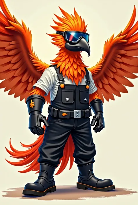 Animated image of a phoenix bird in black safety overalls, White shirt, welding mask, safety glasses, black safety boots on