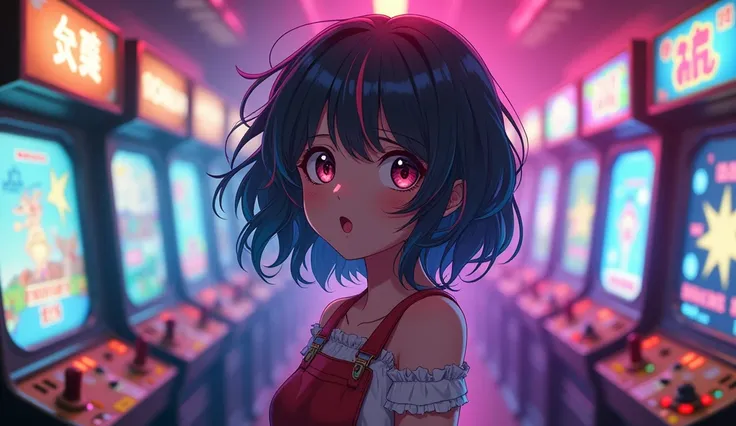 Retro arcade anime girl, Anime atmosphere of the 80s, 80s animation style, retro anime girls, 1980s anime style, Retro anime images, Anime atmosphere,