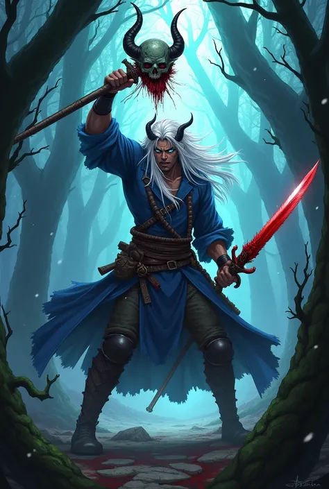 Man with long white hair,blue eyes horns holding a bleeding zombie head with a sword with blood in a forest in anime style 