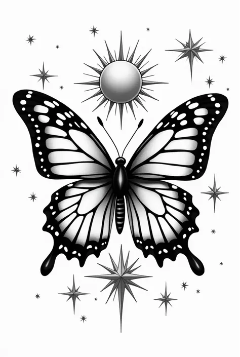 A black and white tattoo, a butterfly, pretty with stars and a sun, very bright 