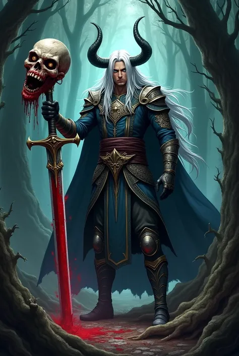 Man with long white hair,blue eyes horns holding a bleeding zombie head with a sword with blood in a forest in medieval anime style 