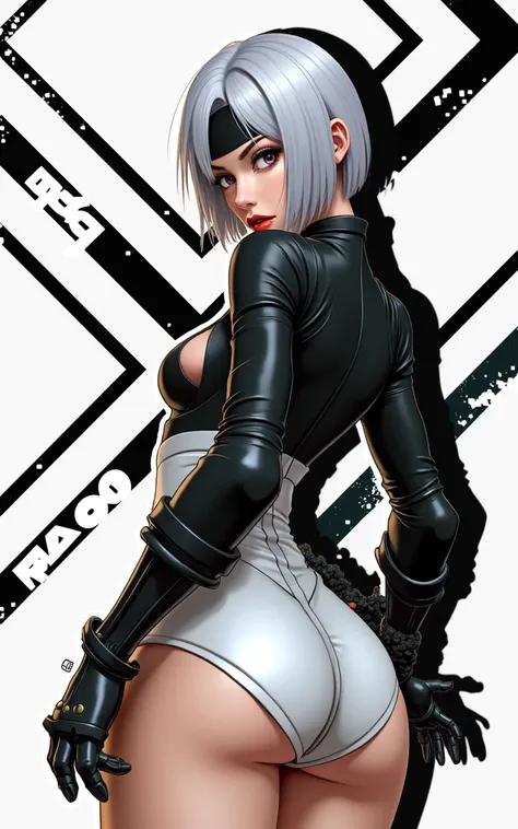 (masterpiece, best quality)), ((((perfect anatomy)))), Caucasian android woman with short silver hair, ((elaborate black dress)) (((white high cut leotard))), big butt, black eye-band, white and black gloves, digital black pattern background, ((pixel art, ...