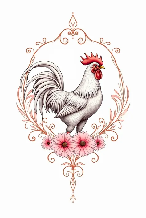 Rooster tattoo , tatoo, fine line, with arabesques highlighted, More Detailed, Improve, em desenho para tatoo, with arabesques on the sides, with more colorful details, with pink flowers, improve the rooster