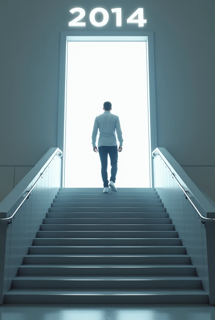 Create a man on top of a futuristic staircase in front of a luminous door.. Above the door it says 2014. The man is wearing casual but very elegant clothes.. 