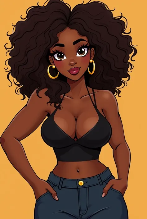 cartoon beautiful black woman curvy body brown eyes curly brown hair large gold 
hoop earrings