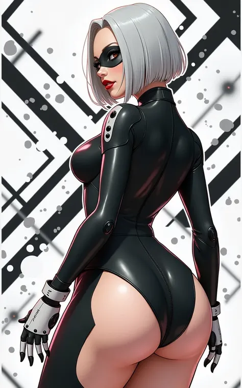 (masterpiece, best quality)), ((((perfect anatomy)))), Caucasian android woman with short silver hair, ((elaborate black dress)) (((white high cut leotard))), big butt, black eye-band, white and black gloves, digital black pattern background, (((Western ca...