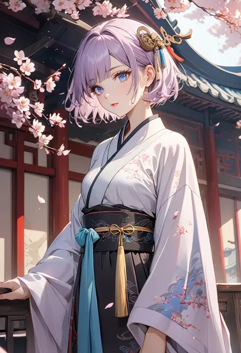 ((best quality)), ((Masterpiece)), (details), Young woman, alone, ( light purple hair, blue eyes, ((short hair)) , beautiful face, Beautiful skin, Long eyelashes, Thick eyelashes)  , hair accessories, Hanfu, east asian architecture, Petals fall, cherry tre...