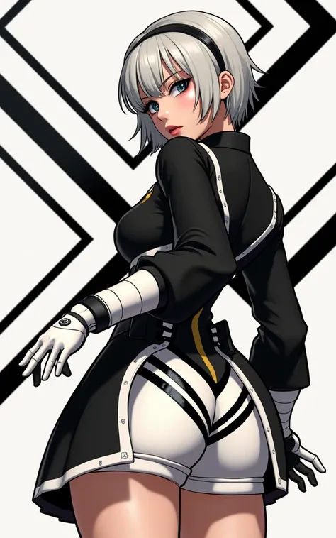 (masterpiece, best quality)), ((((perfect anatomy)))), Caucasian android woman with short silver hair, ((elaborate black dress)) (((white high cut leotard))), big butt, black eye-band, white and black gloves, digital black pattern background, (((realistic ...