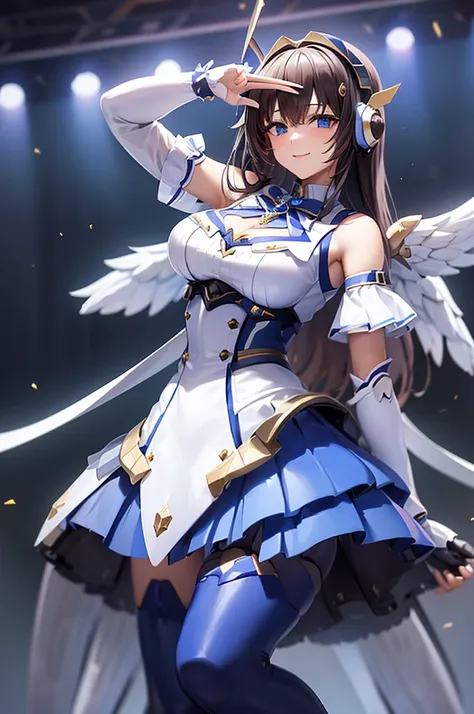 mecha wings、white and blue skirt、thighs、tights、chest、black hair、1 girl、solo girl、is、frame arms girl、alice gere aegis、blue armor、...