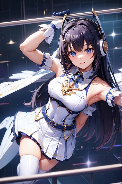 mecha wings、white and blue skirt、thighs、tights、chest、black hair、1 girl、solo girl、is、frame arms girl、alice gere aegis、blue armor、...