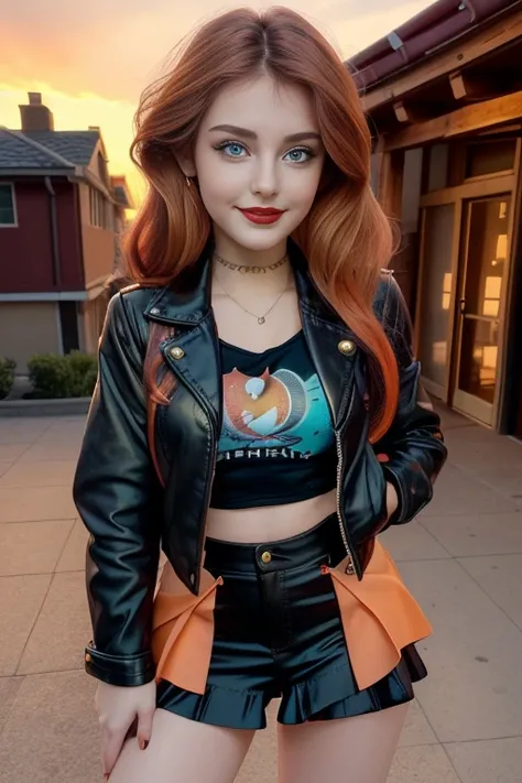 (masterpiece, The best quality:1.2), only, 1girl , beautiful teenage girl europea , Caucasian , mlpshimmer, Nice smile , make-up , Red lips , looking at the viewer, small black jacket , Orange T-shirt , purple skirt , sexy outfit , sunset shimmer , 18 year...