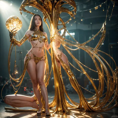 Photo realistic imagery ((a complex 3 nude girls standing with a complex nude machine, Nude Goddess Diana, full body, golden heels in feet, nude body, perfect breasts, thin waist, round hips, Epic composition, golden Lights, photo, photography, transparent...