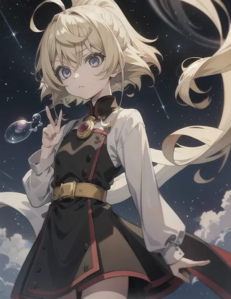 anime style light blonde hair girl with purple eyes blowing bubbles under the starry sky