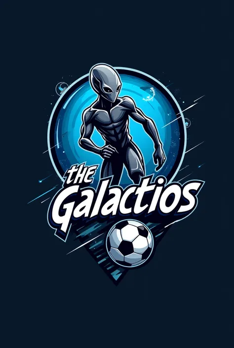 Make a logo for a soccer team with an alien and a ball and it says GALACTICOS