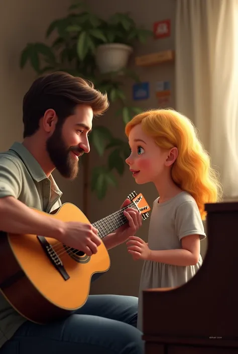 (Photorealism:1.1) a man dark brown hair and brown eye with his blonde daughter blue eyes  in the living room he playing a Gibson guitar and she piano and using 8k ultra realistic super detailed