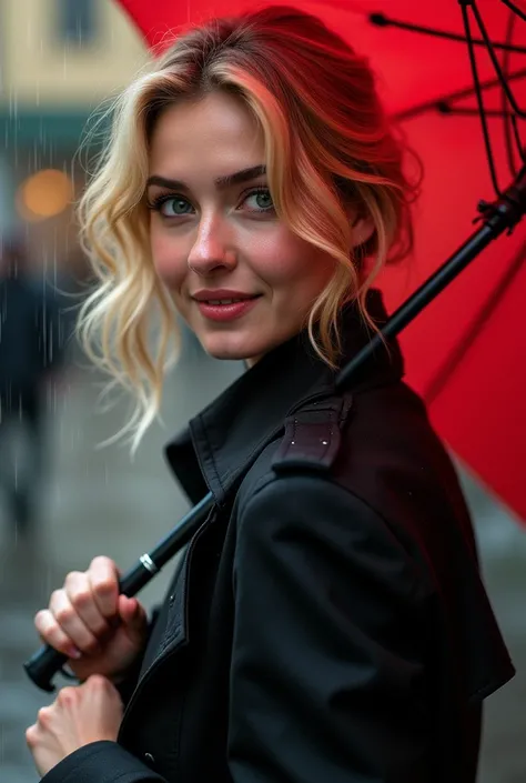 Blonde girl with European features with bright pink eyes smiling in the rain with black trench coat and red umbrella