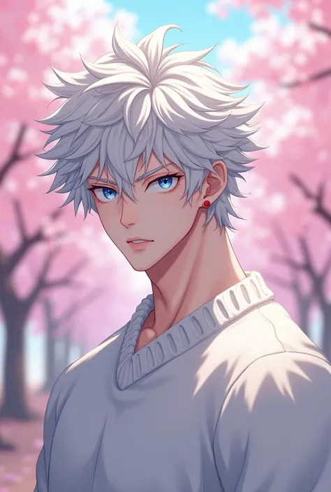 anime character, White hair, curly hair, Pale skin, light blue eyes, very Long white eyelashes, male, muscular, red small earrings, big glossy lips, cherry blossom trees, grey eyebrows, white sweater, 