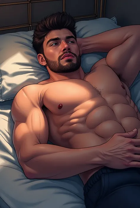 naked man, nude man lying on the bed, sweaty, big dick, armpit hair, muscle and ripped, handsome guy, with abs, anime style, hunk