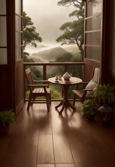 The picture depicts a serene scene of a wooden balcony with a view of lush greenery after rain. In the foreground, there’s a wooden table with a traditional teapot and two cups, suggesting a setting for tea. A lit lamp on the left provides warm lighting, c...