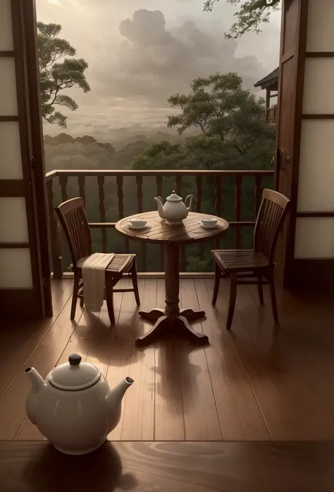 The picture depicts a serene scene of a wooden balcony with a view of lush greenery after rain. In the foreground, there’s a wooden table with a traditional teapot and two cups, suggesting a setting for tea. A lit lamp on the left provides warm lighting, c...