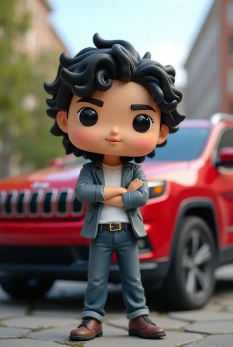 Young white-skinned male architect with curly wavy black hair next to a red 2016 Jeep Cherokee funko pop version