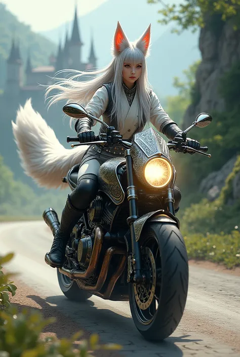 Create a female kitsune character with a 9-tailed fox tail on top of a medieval motorcycle RPG 