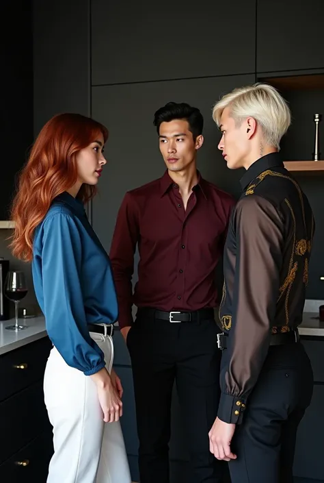 Two male models stand to the sides of a female model. The female is 170 cm, medium-long vibrant maroon wavy hair, pale skin, wearing a blue silk blouse and white pants. One male is 190 cm tall, 2, with short black bowl cut wavy hair, side swept bangs, wear...