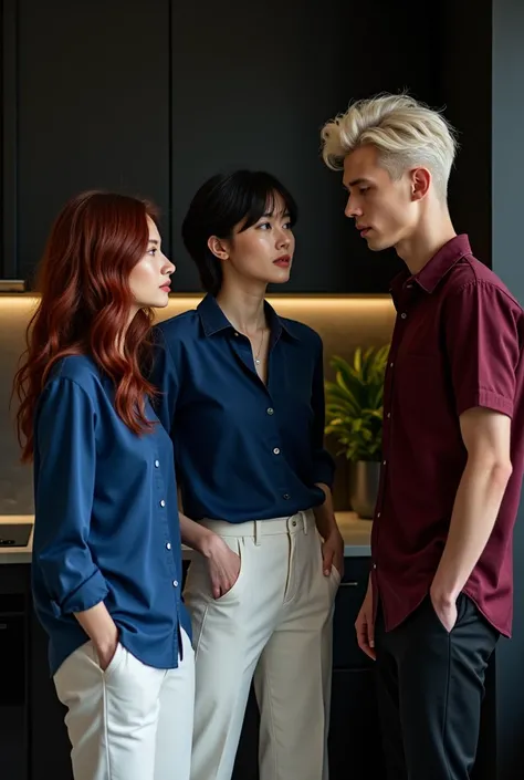 Two male models stand to the sides of a female model. The female is 170 cm, medium-long vibrant maroon wavy hair, pale skin, wearing a blue silk blouse and white pants. One male is 190 cm tall, 2, with short black bowl cut wavy hair, side swept bangs, wear...