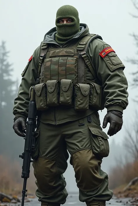 ultra realistic 8k, A white man. Heavy Infantry Army Soldier(ultra reslista). He wears a camouflage balaclava . Muscular and corpulent physique of 2,30 meters high(Realist 8K). He wears a uniform of the heavy infantry of the Russian army.(Realist 8K).