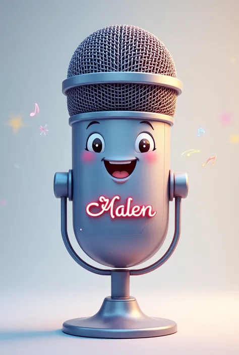 An image of an animated microphone, smiling and happy, with the name highlighted cuts centered