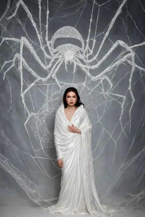 A woman wrapped up in white silk and  spiderweb, with a giant spider behind her