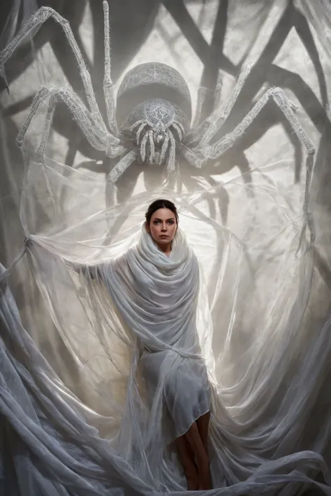 A woman wrapped up in white silk and  spiderweb, with a giant spider behind her