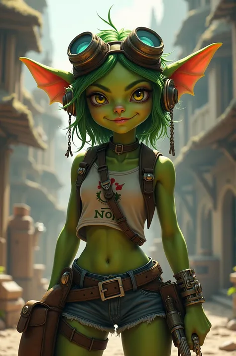 Medieval fantasy green skin goblin teenager rebel girl artificer with googles on head
(Like Tristana of League of Legends)
(like )