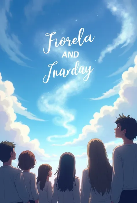 A team of people looking at the sky And in the clouds the written names of two deceased people, Fiorela and second painting 