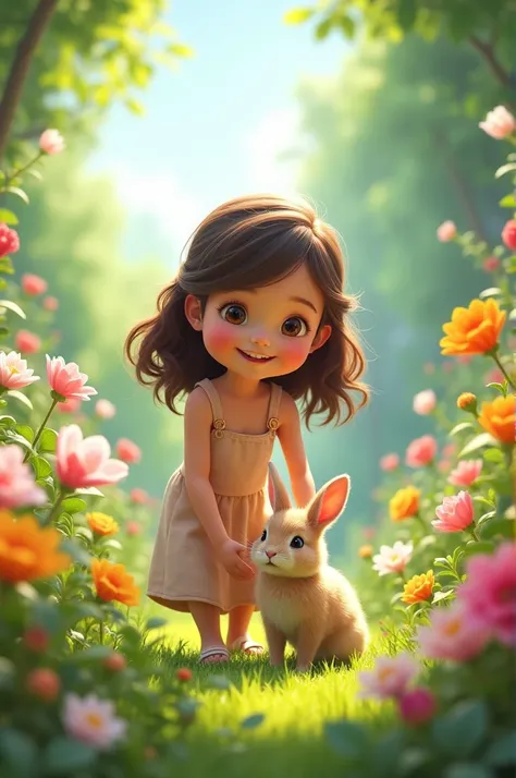 The girl and the rabbit are playing happily again, amidst colorful flowers and greenery.