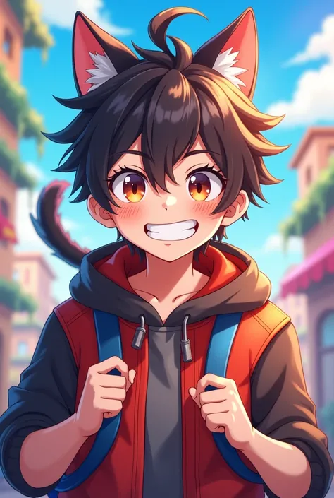 vtuber boy man with adventurous cat ears , curious , funny ,Motivating anime