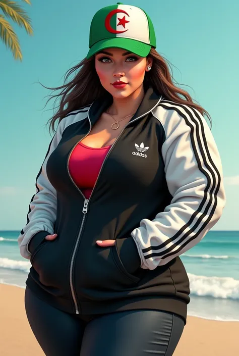 Fat woman wearing black and white adidas jacket, baseball cap embroidered with Algerian flag and colored green and white, blue beach background
