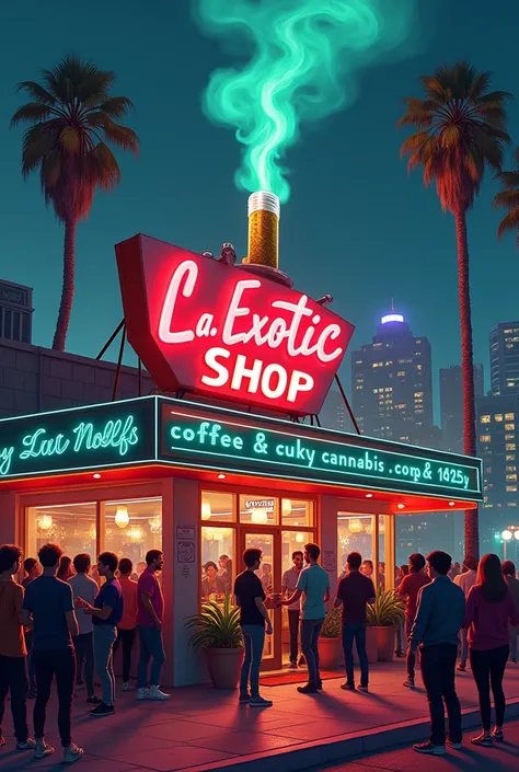 J’aimerai une image avec en fond Los Angeles je voudrai qu’il y est écrit sur un coffee Shop (l.a exotic.shop) sur l’ancienne en néon avec sur le toit un enorme joint de cannabis qui fume énormément est plein de gens defoncer a l’entrée du coffee Shop 