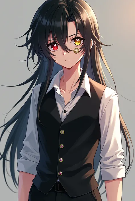 teenager boy with long black hair, 192cm tall, slim body looks like a young teenager but has terrible power contained in it, two-colored eyes: left eye is bright blood red and pupil shaped like the Endless symbol, the right eye is golden in color and the p...