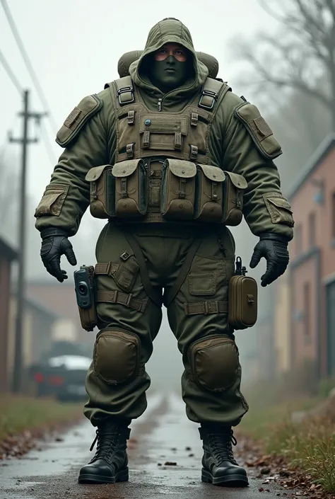 ultra realistic 8k, A white man. Heavy Infantry Army Soldier(ultra reslista). He wears a camouflage balaclava . Muscular and corpulent physique of 2,30 meters high(Realist 8K). He wears a bomb suit