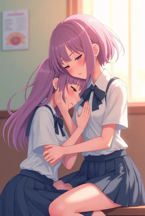 A cute anime femboy laying down on another femboy  lap both wearing femboy skirt school uniform and tights and touching his cute thighs and holding him like a baby