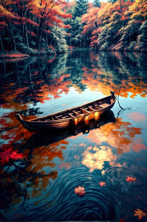 Anime scenery ultra-high-definition 4K digital painting of a serene autumn scene, featuring a small wooden boat gently floating on a calm, glass-like lake. The lake is surrounded by trees in full autumn bloom, their leaves a brilliant mix of oranges, reds,...