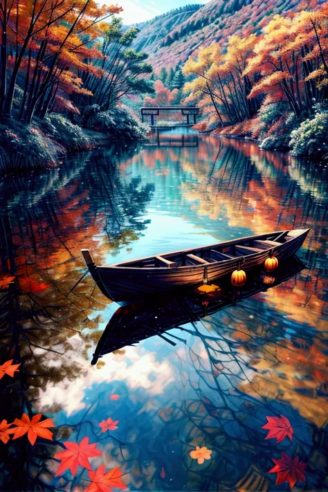 Anime scenery ultra-high-definition 4K digital painting of a serene autumn scene, featuring a small wooden boat gently floating on a calm, glass-like lake. The lake is surrounded by trees in full autumn bloom, their leaves a brilliant mix of oranges, reds,...