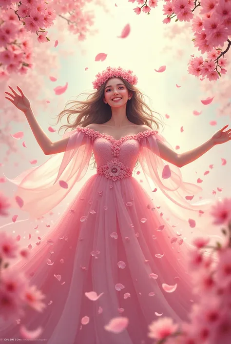 Perched on a pile of pink flowers、Illustration of a  girl with her arms outstretched, Cheerful woman, sakura petals around her, Flower crown,Covered with flowers, Falling petals, Petals falling, Made of flowers, Petals falling everywhere, Tan Ting Poh, Cov...