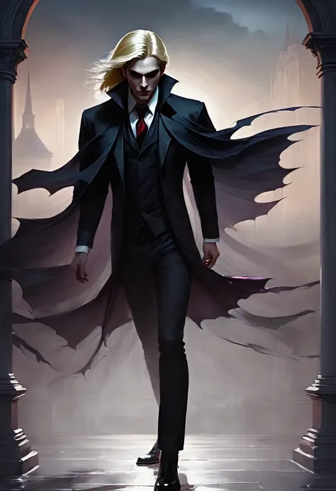 (good quality), (many details), (masterpiece), Charlie Bowater style, Vampire at night in the park, Gloomy aura, Shadows gather behind him, fedora, blond hair, angular face, suit, Schattenbeschwörer, lasombra 