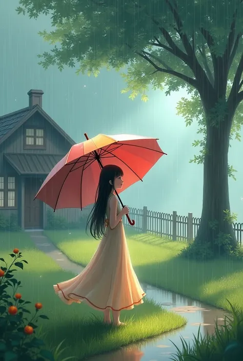 A beautiful girl playing under the umbrella while rain drizzling a small beautiful house and a grass lawn with a little fence and a beautiful tree in  rainy day 