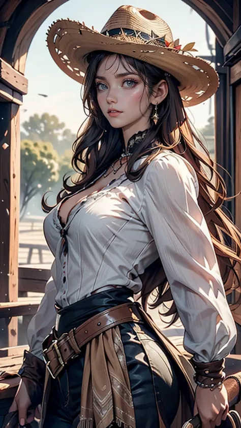 Get ready to be transported to the Wild West with this visually descriptive and detailed image of a cowgirl on horseback. The stylistic rendering captures the essence of the character, from her rugged attire to her fierce determination.