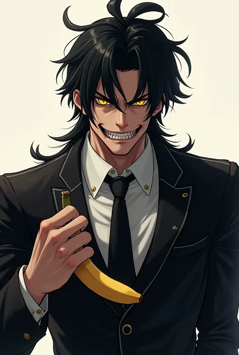 Muscular body anime boy portrait、He has psycho yellow wild eyes., Psycho smile, wearing a black suit with a tie, Holding a banana in hand ,Very long black hair