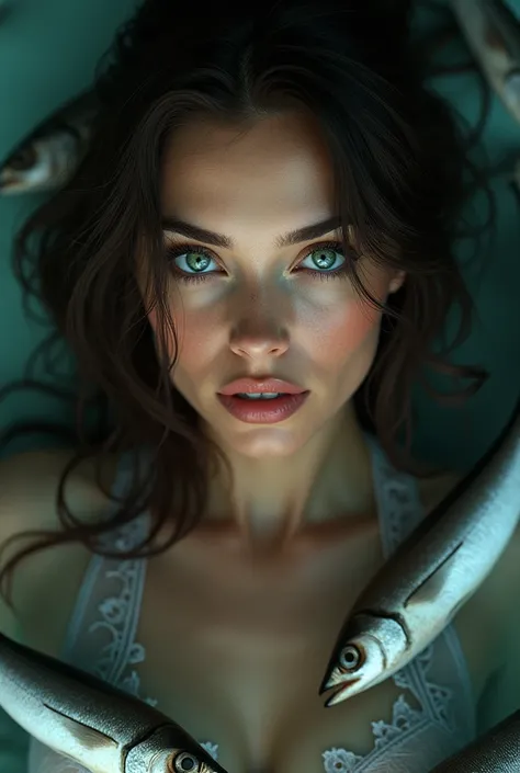 A very beautiful woman with green eyes, brunette and hot, with sardines