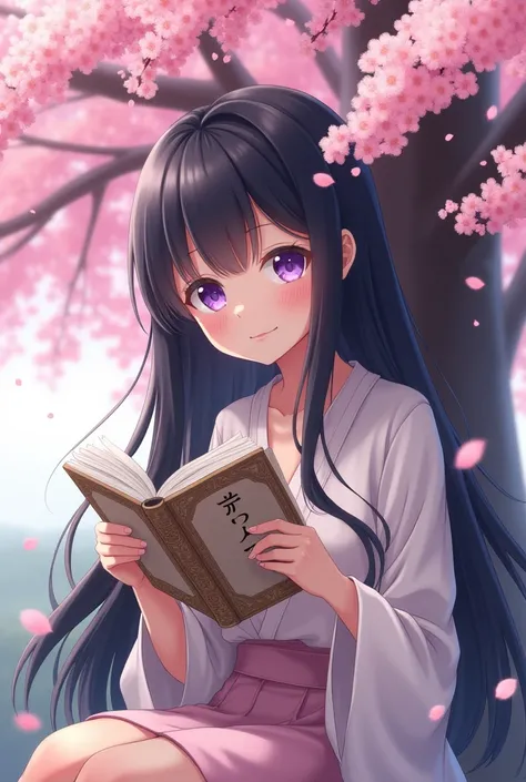 anime, Woman with long black hair, purple eyes, reading, while smiling under a cherry tree 